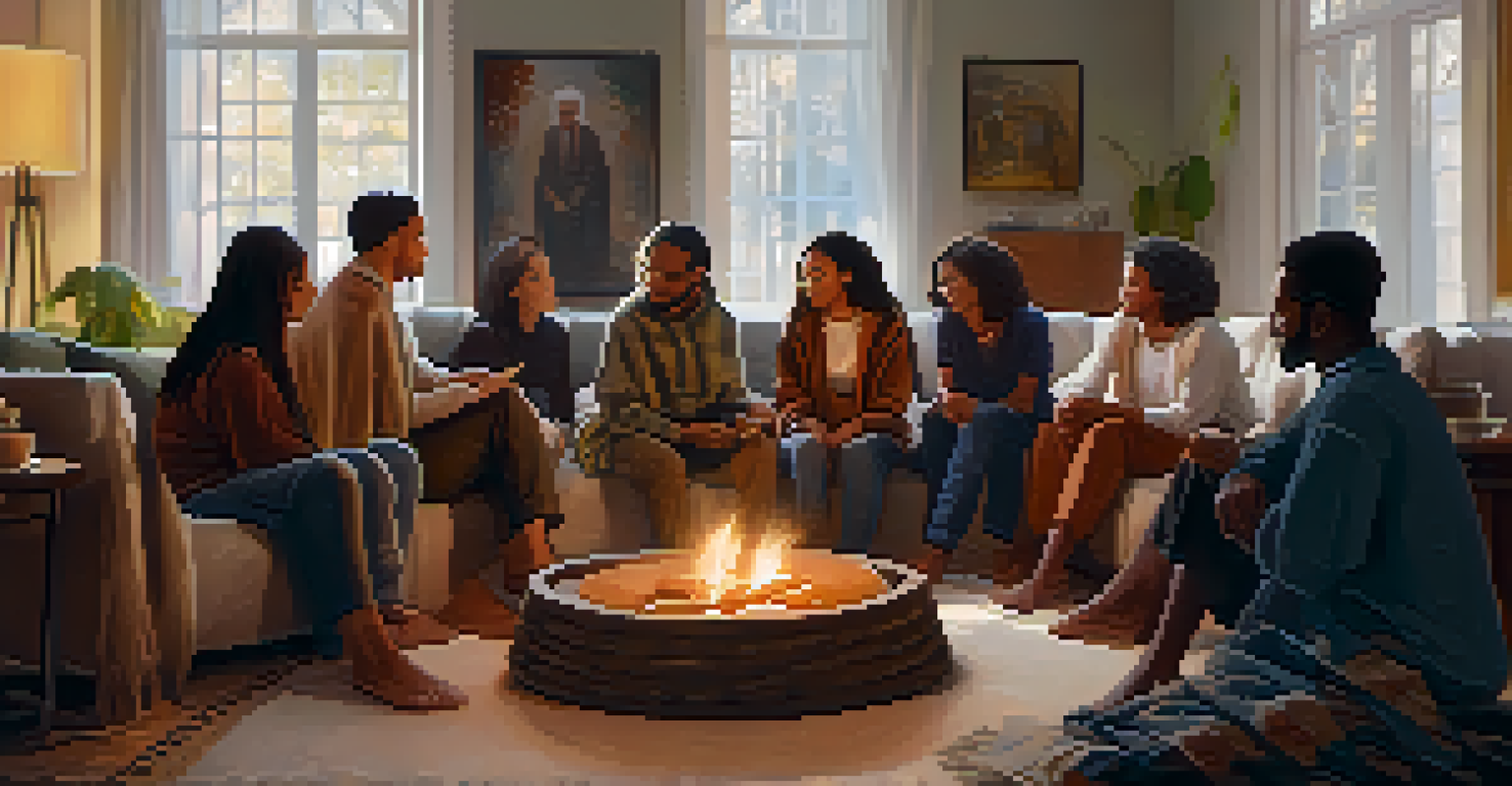 A diverse group of people sitting in a circle in a cozy room, sharing stories of forgiveness, creating an atmosphere of compassion.