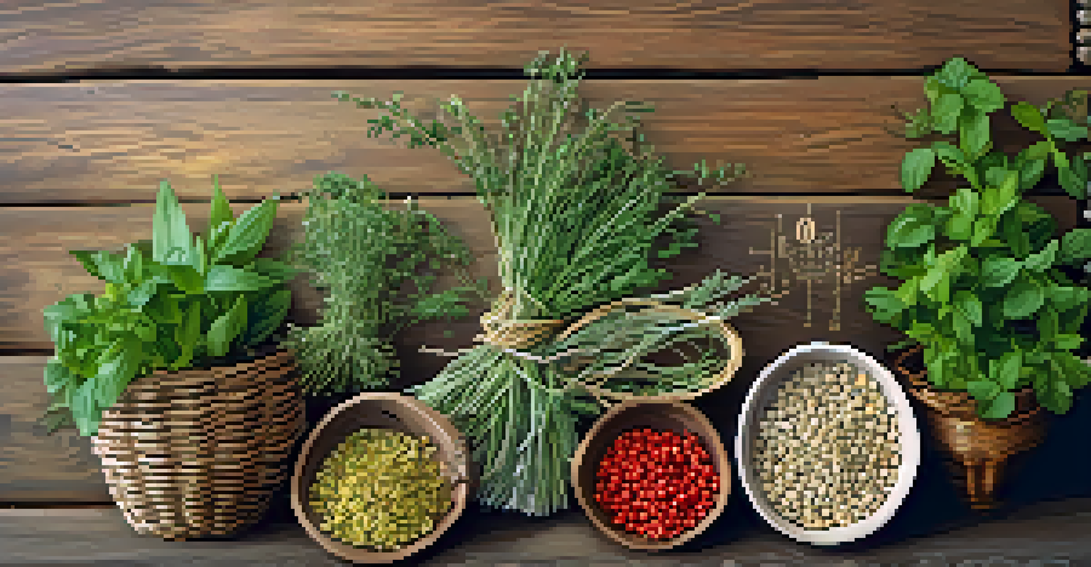 A close-up of various herbs on a wooden surface, labeled elegantly, with natural textures surrounding them.