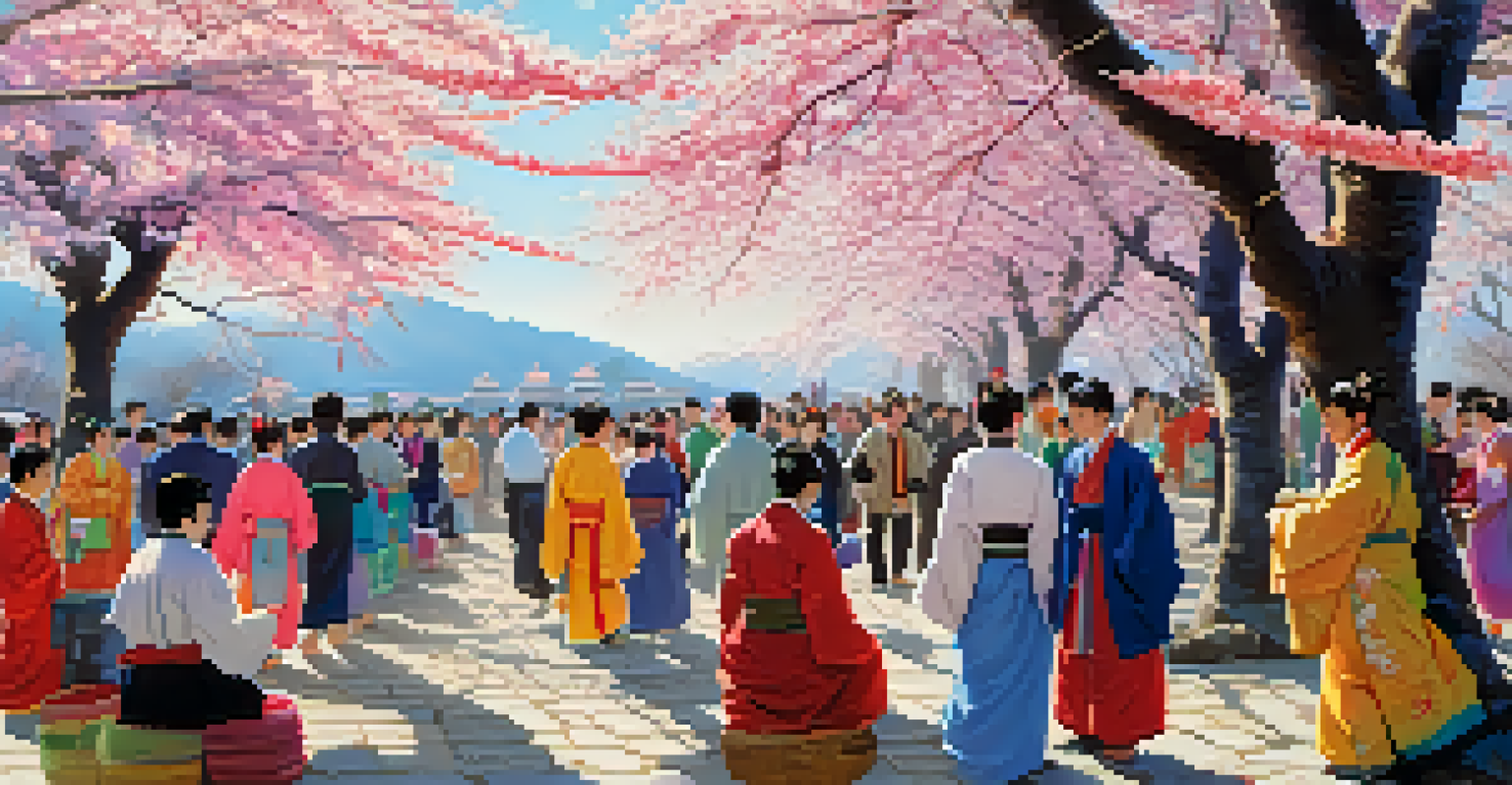 A lively Hanami festival scene with people under cherry blossoms, enjoying food and festivities, surrounded by colorful lanterns and a clear blue sky.
