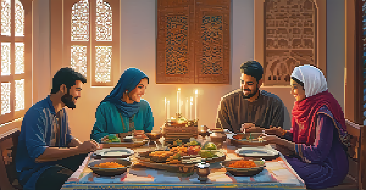 A family enjoying iftar during Ramadan, gathered around a table filled with traditional dishes and soft lighting, emphasizing community spirit.
