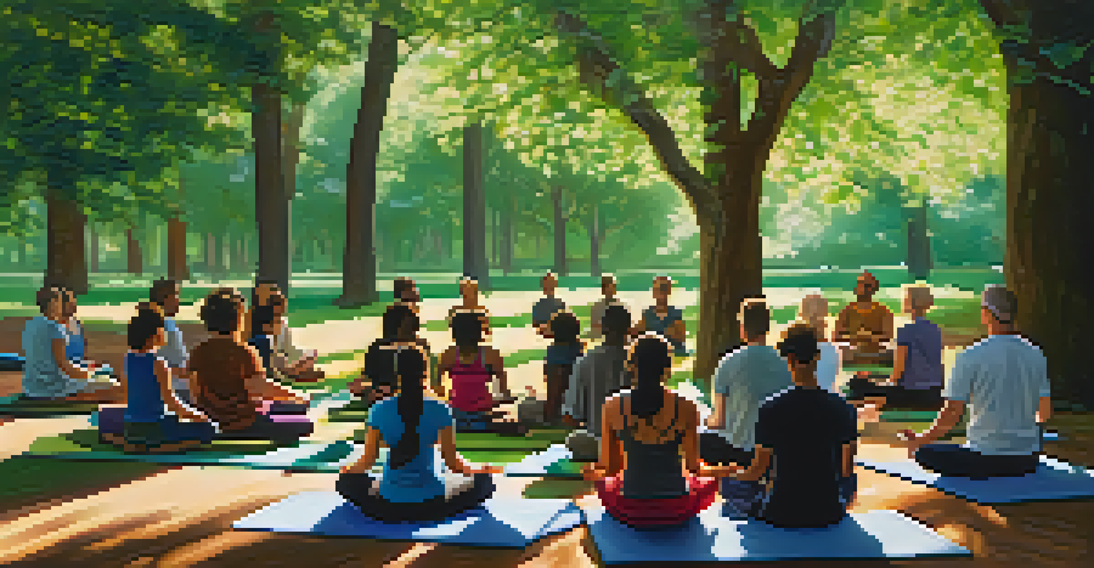 A diverse group meditating in a park, seated in a circle with sunlight filtering through trees.
