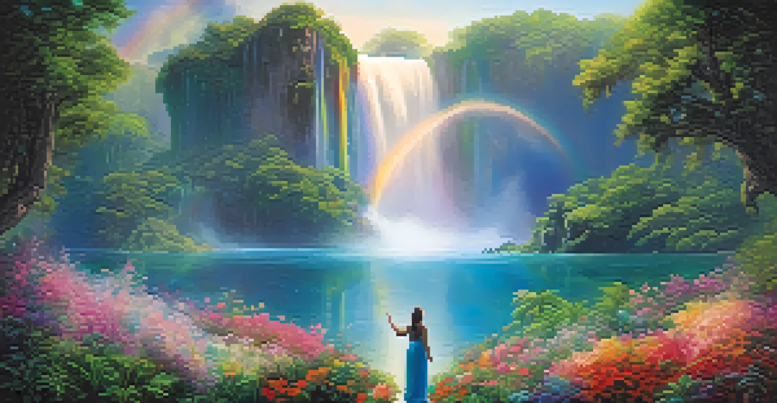 A magical dreamscape with floating islands, waterfalls, and a figure embracing the dream atmosphere.