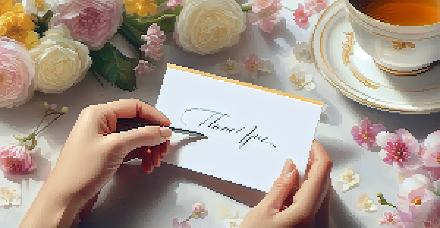 A hand writing a thank-you note on a card with flowers and a cup of tea in the background, capturing the essence of gratitude.
