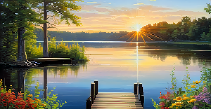 A peaceful sunrise landscape with a calm lake and a wooden dock surrounded by greenery and wildflowers.