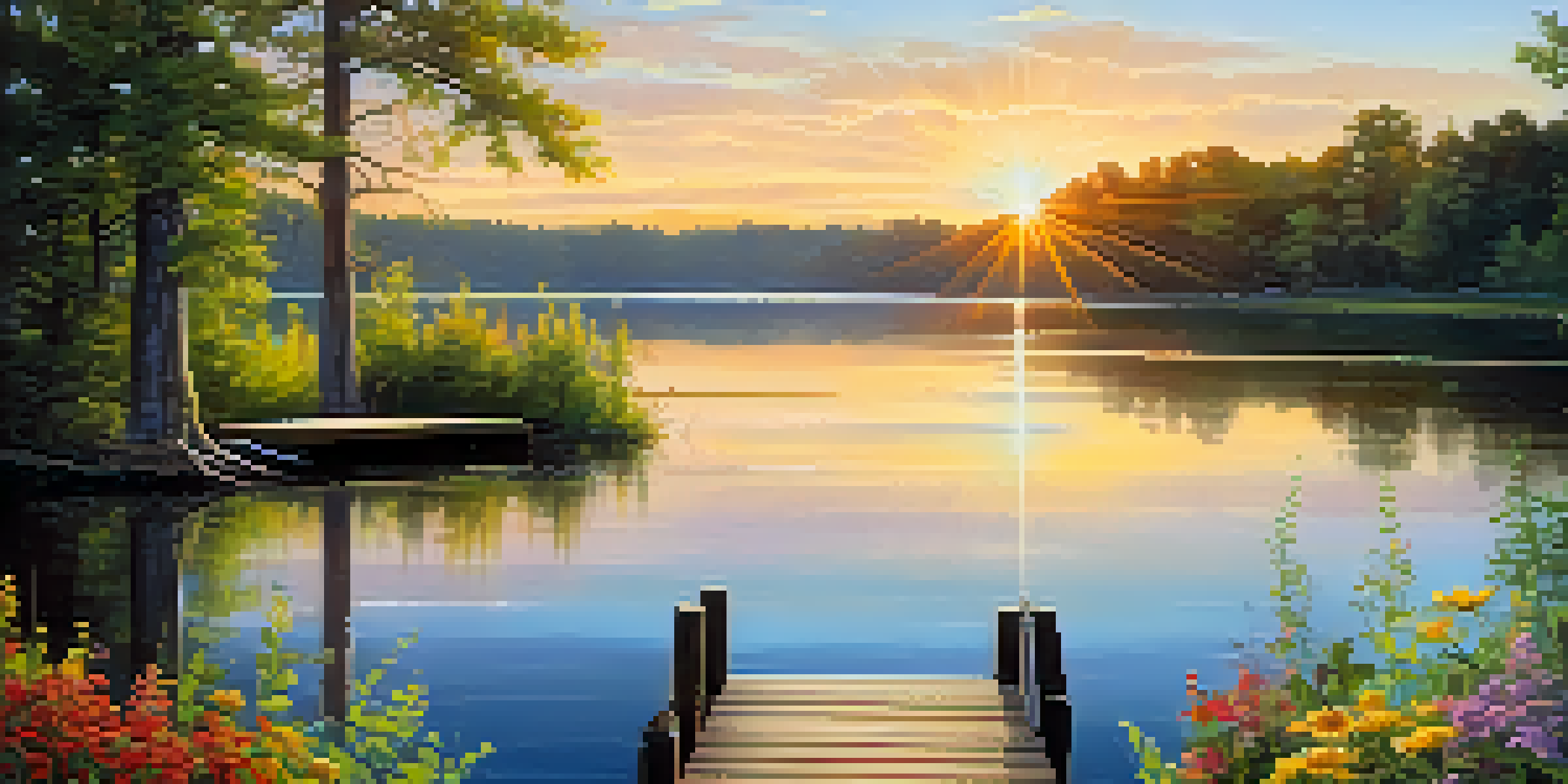 A peaceful sunrise landscape with a calm lake and a wooden dock surrounded by greenery and wildflowers.
