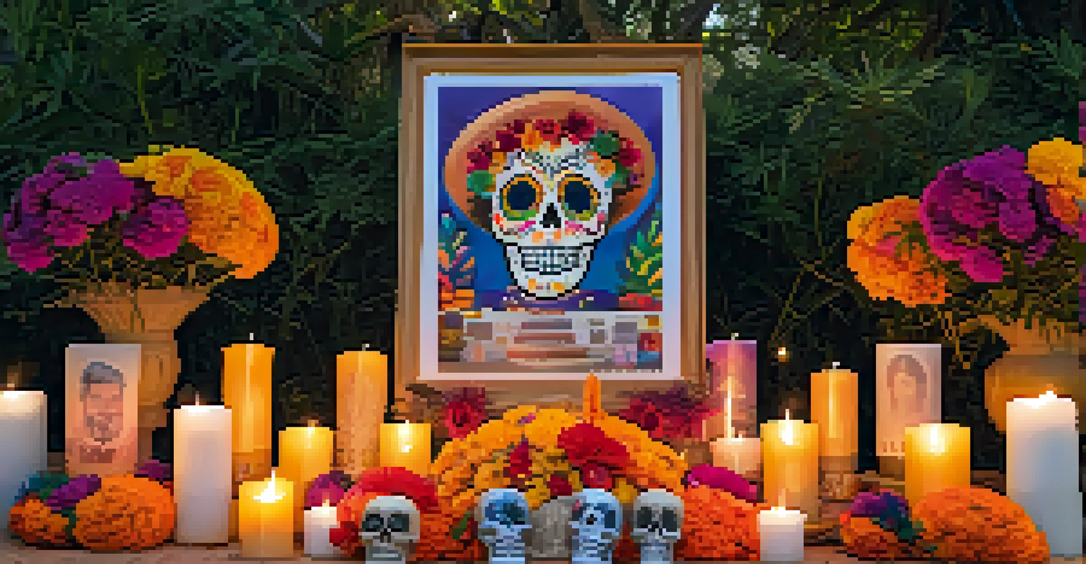 A colorful Día de los Muertos altar outdoors with marigold flowers, papel picado, and candles, honoring deceased loved ones.