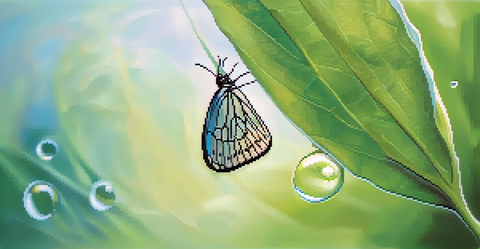 A butterfly emerging from its chrysalis on a leaf, set against a soft-focus background of greens and blues.