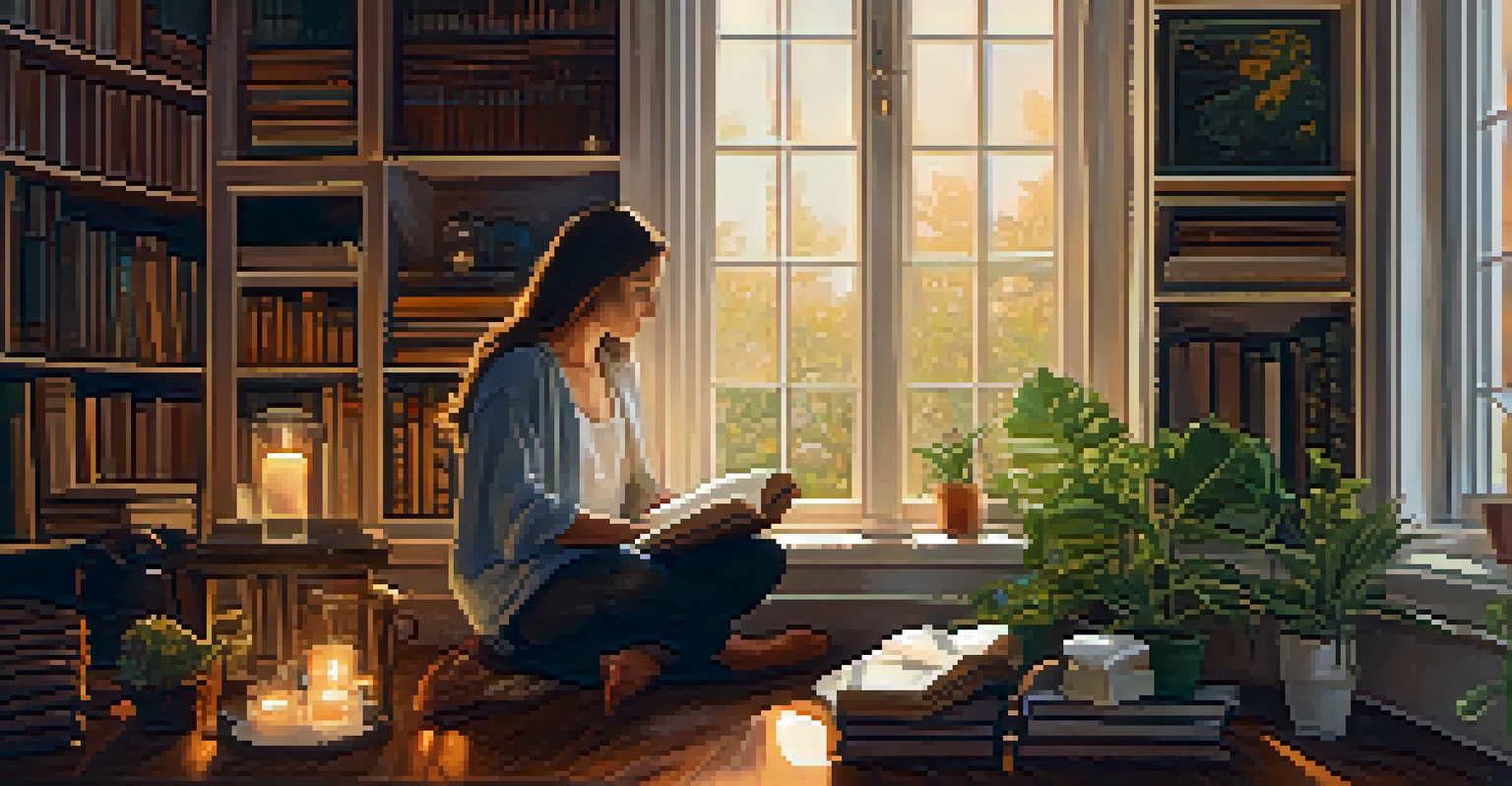 A person writing in a journal by a sunny window, surrounded by books, plants, and candles.