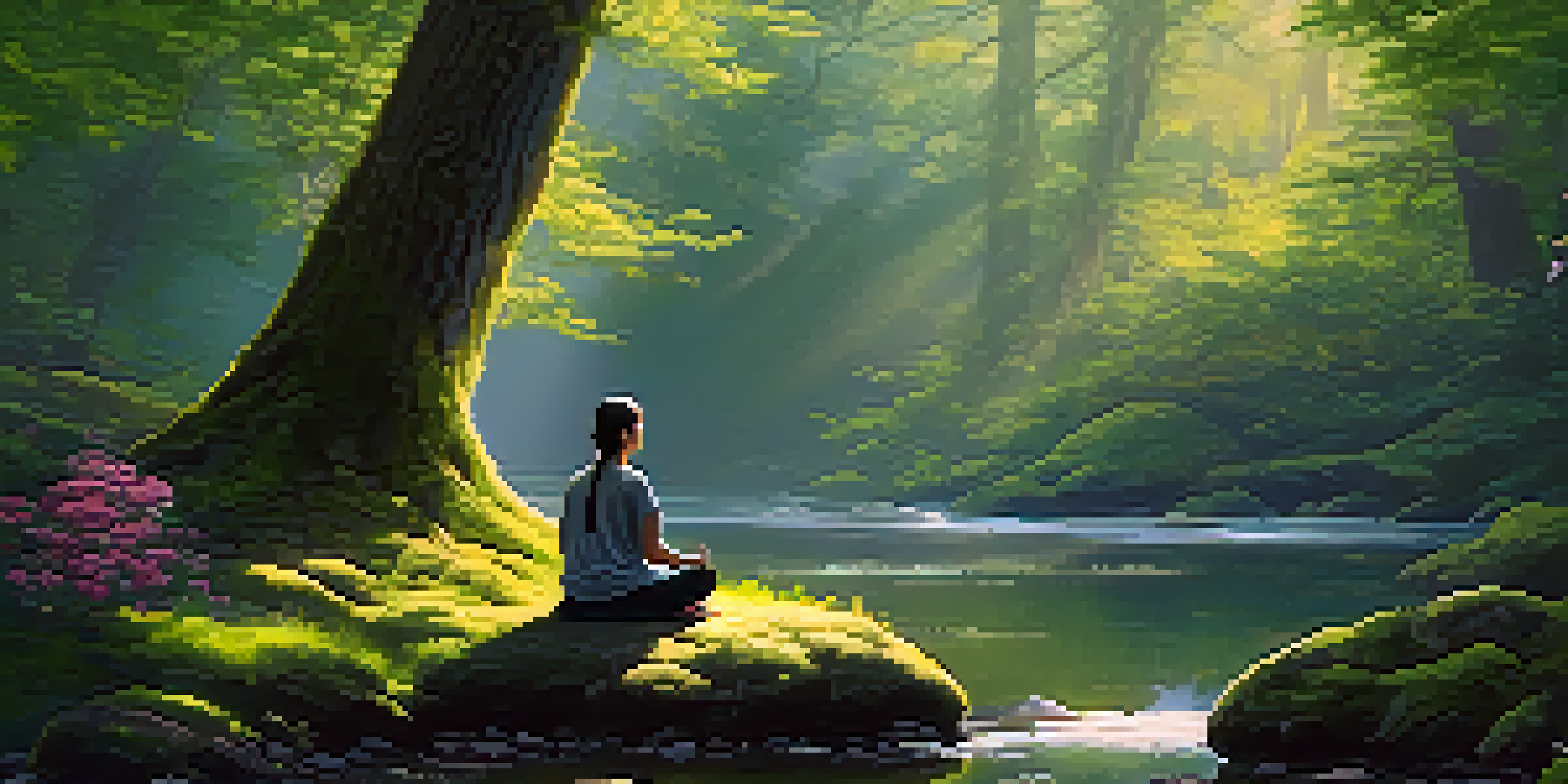 A person meditating in a peaceful forest, surrounded by trees and flowers, with sunlight shining through the leaves.