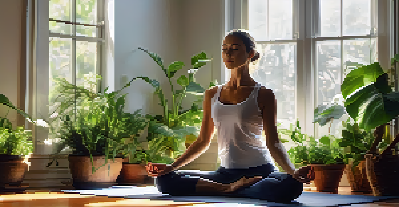 A person practicing yoga in a sunlit room filled with plants, in a meditative pose on a wooden floor.