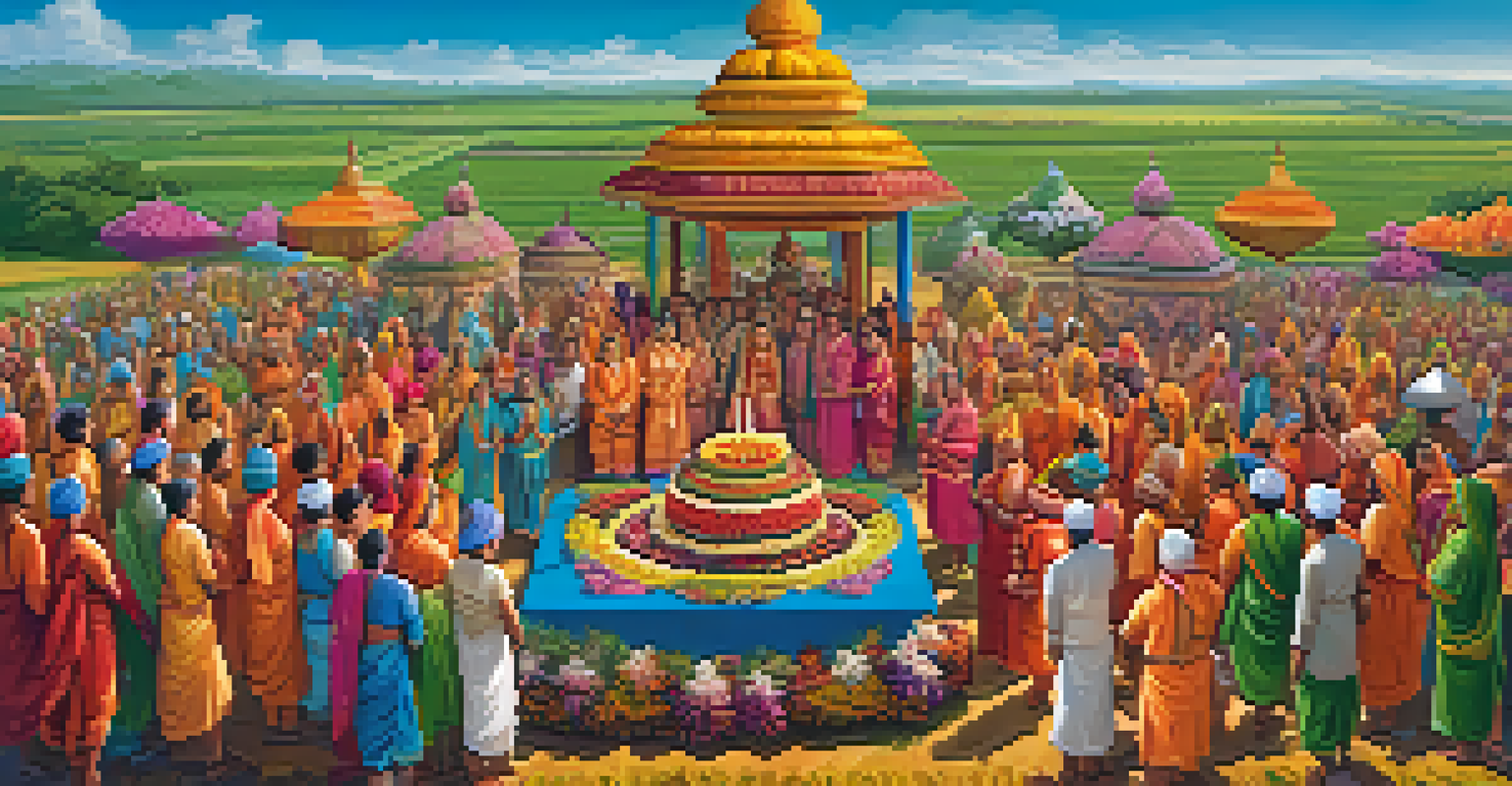 Aerial view of a lively Hindu festival with people in traditional clothing celebrating nature around a decorated harvest altar.
