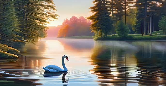 A peaceful lake at sunrise with reflections of pink and orange colors, surrounded by green trees and a swan swimming.