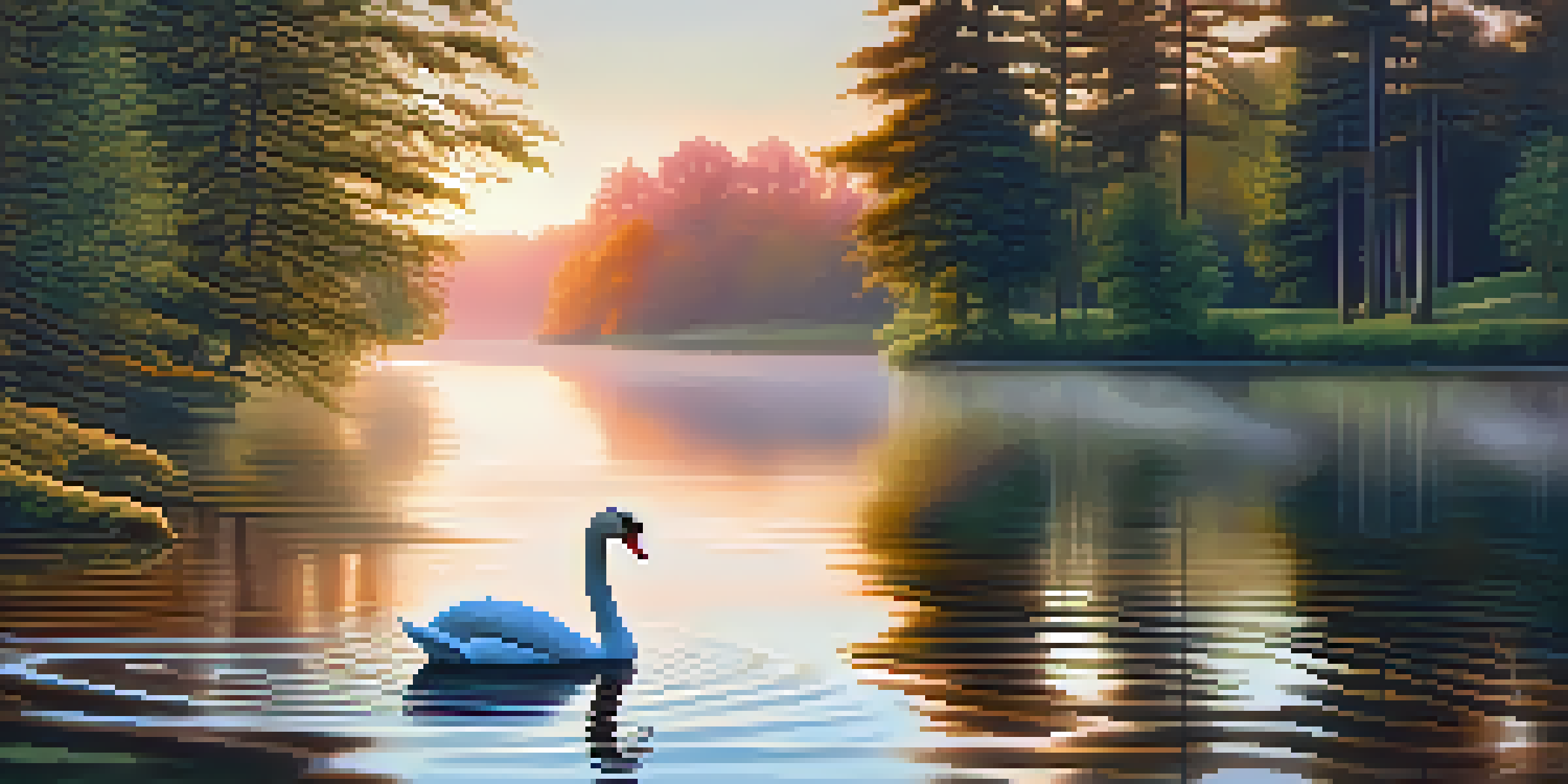 A peaceful lake at sunrise with reflections of pink and orange colors, surrounded by green trees and a swan swimming.