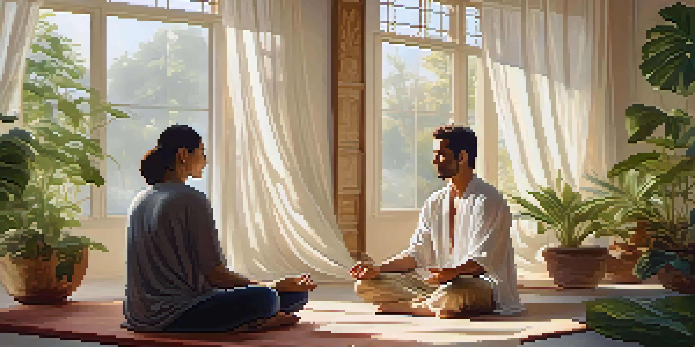 A couple meditating together in a sunlit room filled with plants, creating a peaceful and serene atmosphere.