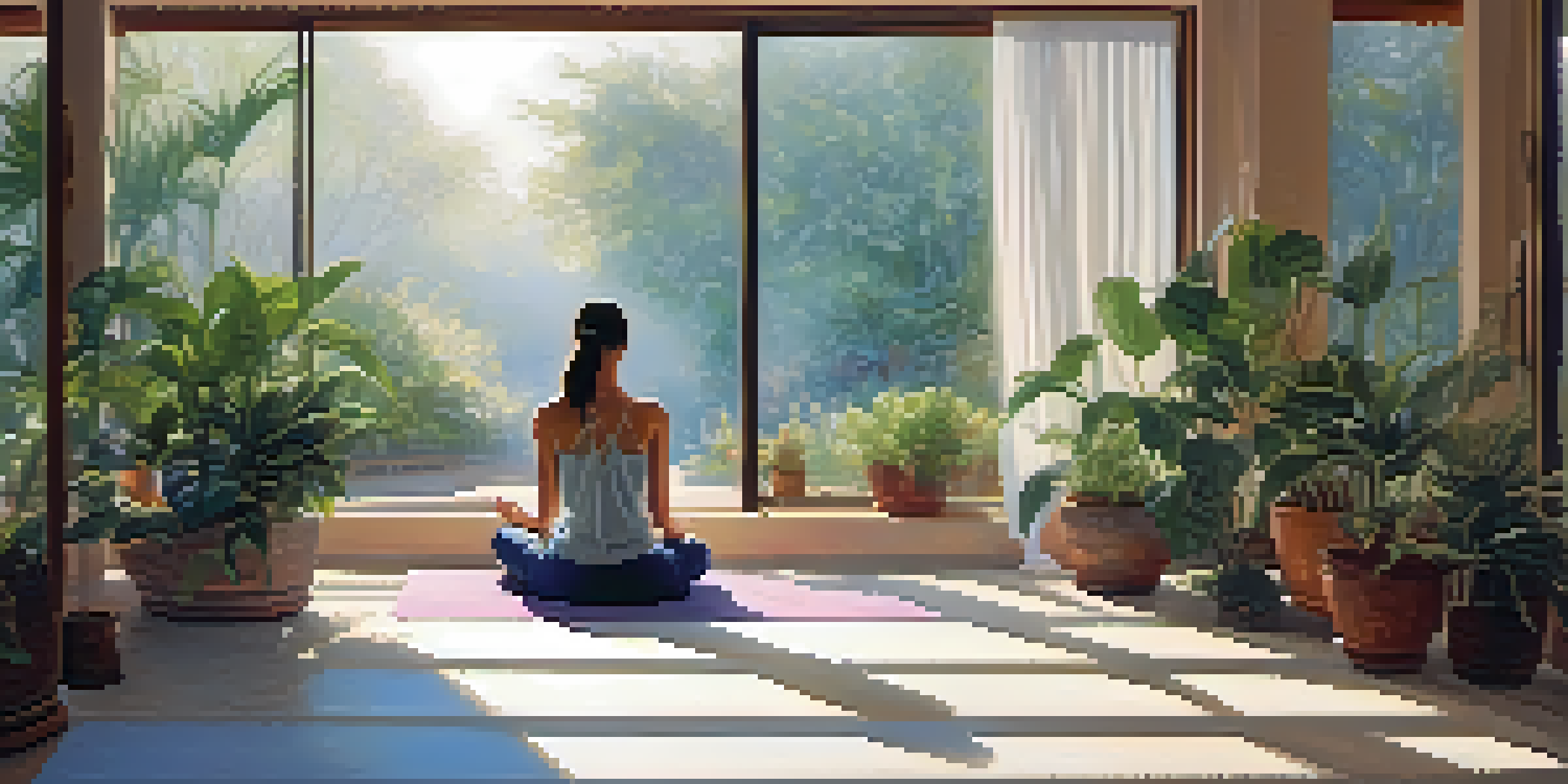 A peaceful meditation area with a person sitting cross-legged on a mat, sunlight streaming through a window, surrounded by plants and candles.