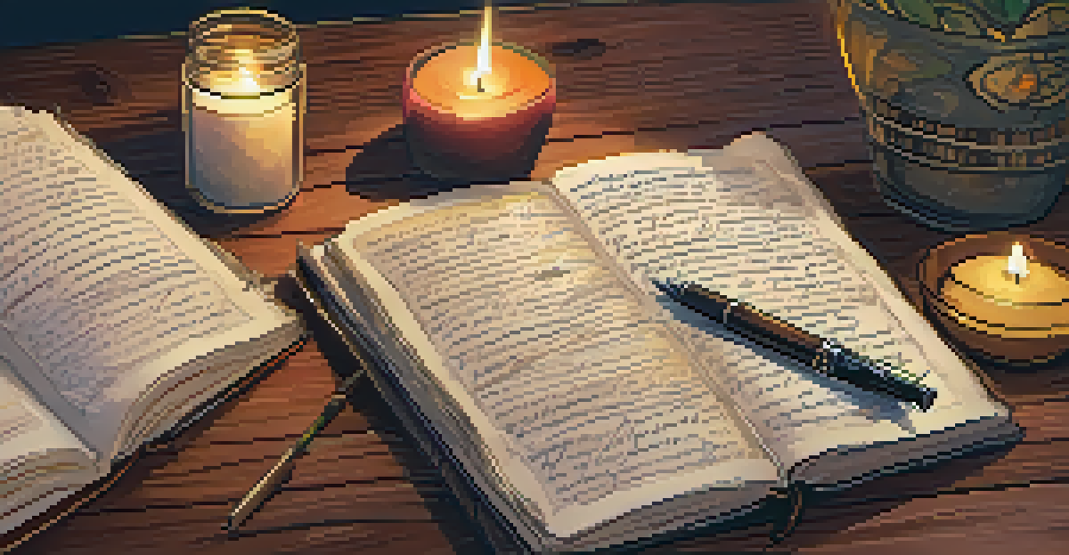 A journal on a wooden table with handwritten notes, a fountain pen, a lit candle, and a vase of flowers.