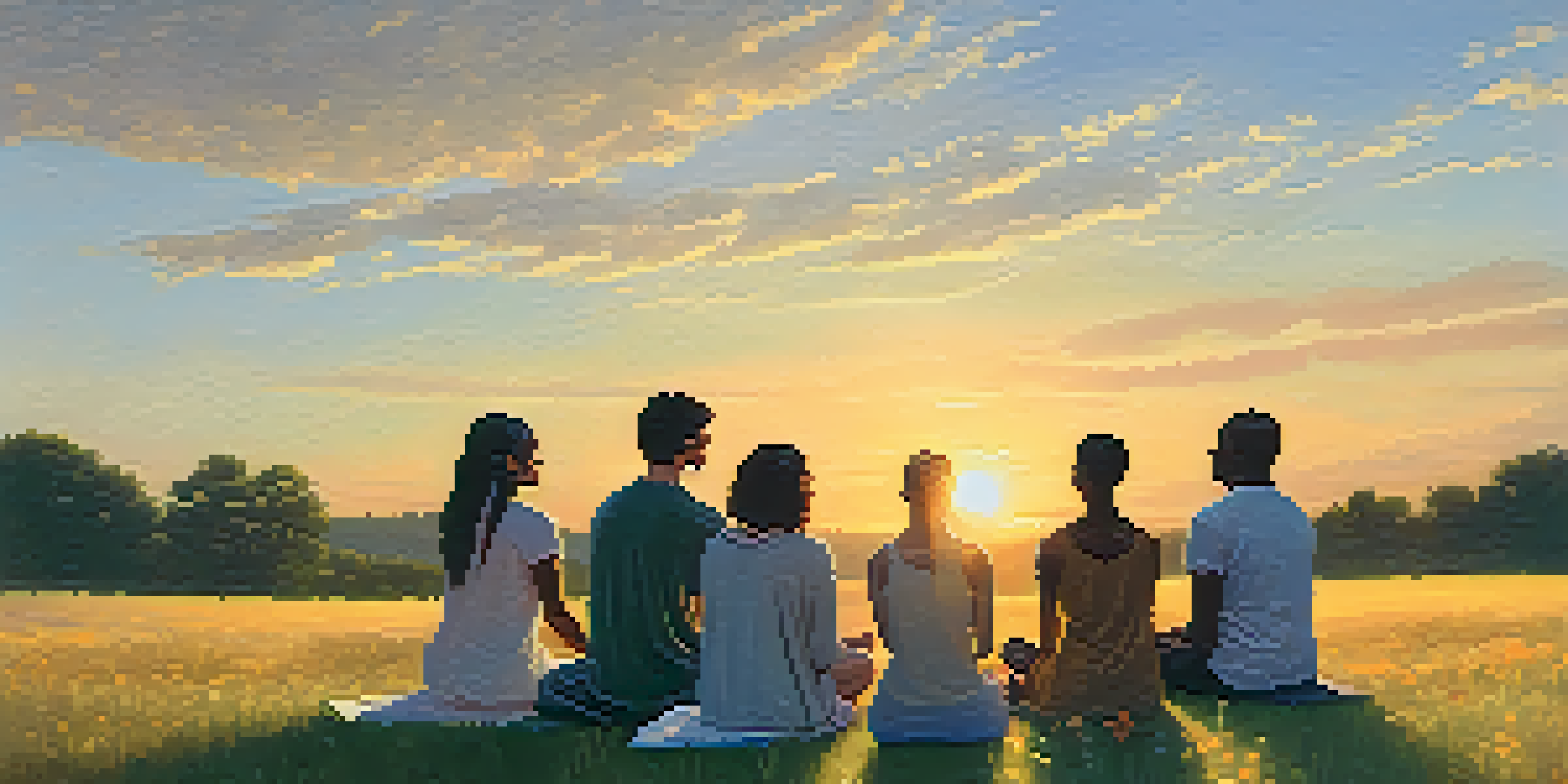 A diverse group of people meditating together outdoors during sunset, surrounded by wildflowers, creating a peaceful atmosphere.