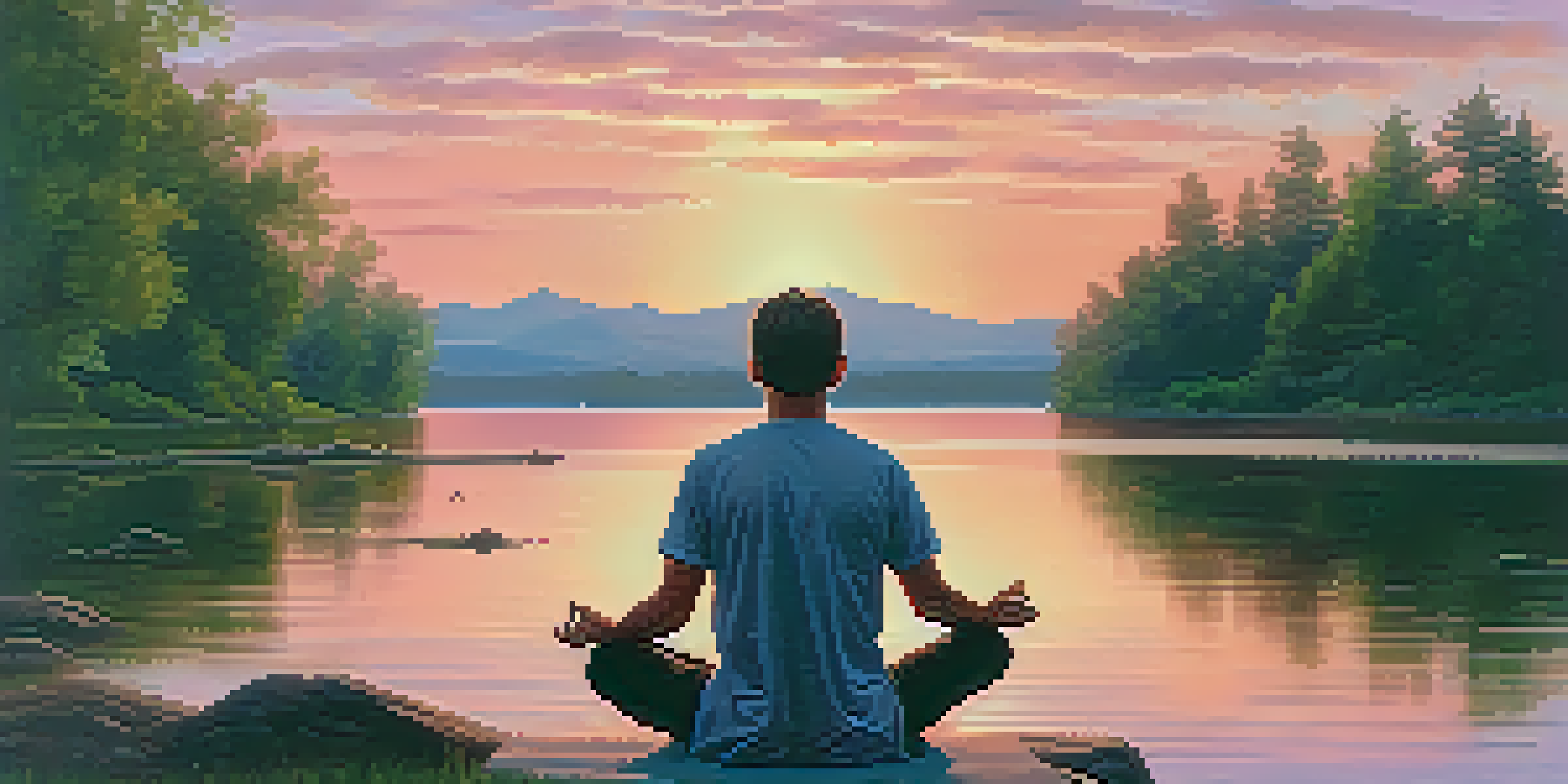 A peaceful lake scene with a person meditating by the shore during sunset.
