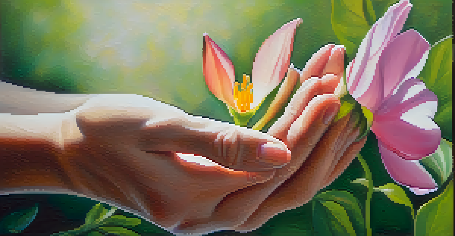 Close-up of hands holding a blooming flower, symbolizing forgiveness and growth in a peaceful setting.