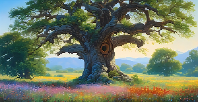 A large oak tree in a meadow with colorful wildflowers and sunlight filtering through its leaves.