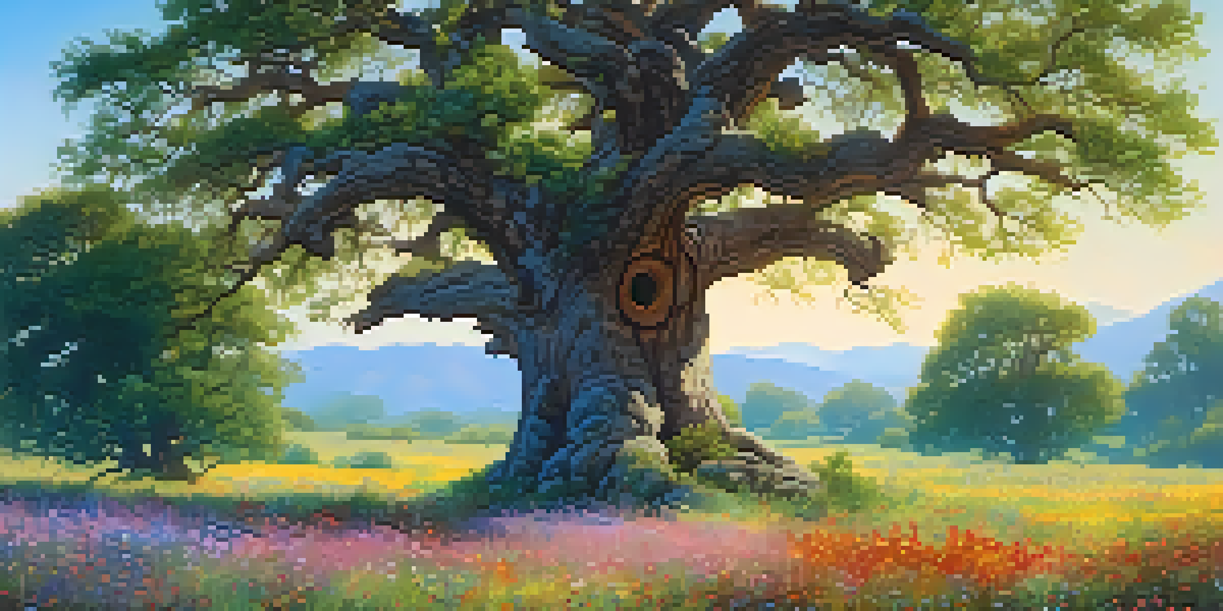 A large oak tree in a meadow with colorful wildflowers and sunlight filtering through its leaves.