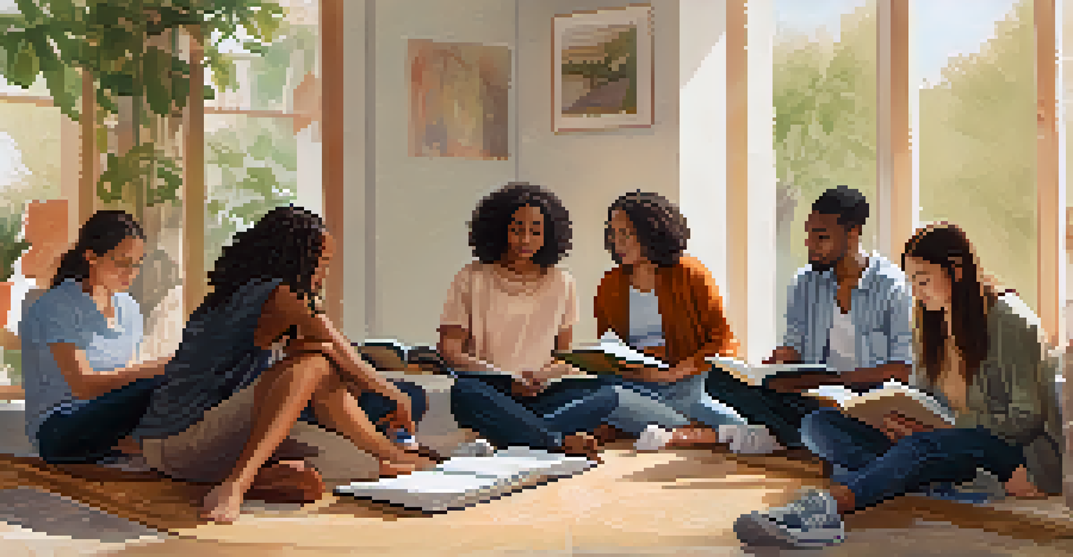 A diverse group of people sitting in a circle, writing in journals, creating a warm and inviting atmosphere of community.
