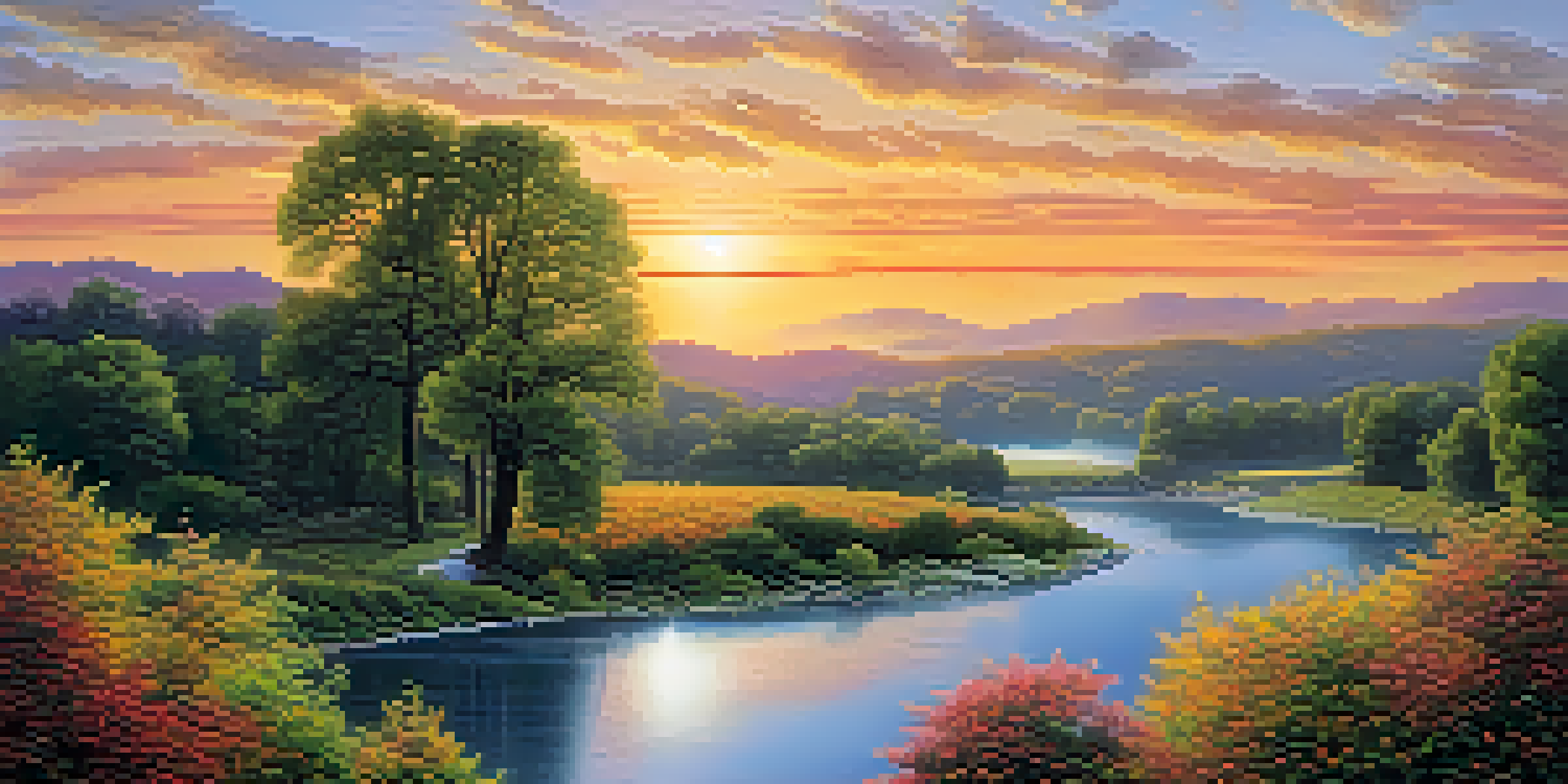 A peaceful valley at sunrise, with blooming flowers in the foreground and trees with changing leaves, representing the cycles of nature and time.