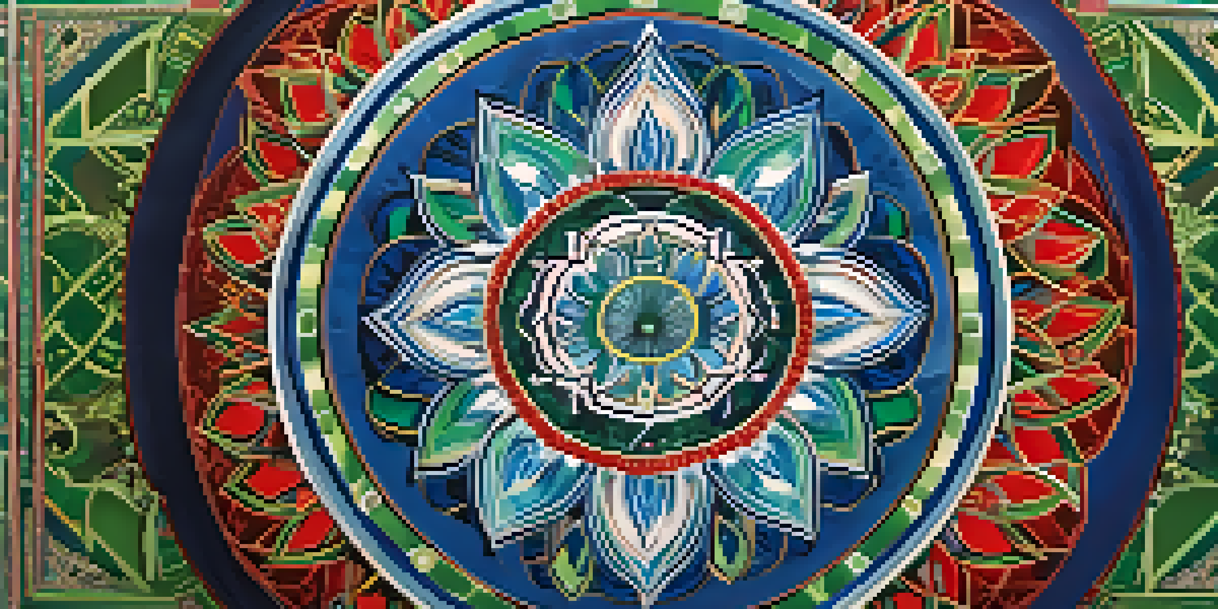 An intricate mandala design with vivid colors and detailed geometric patterns centered against a light background.