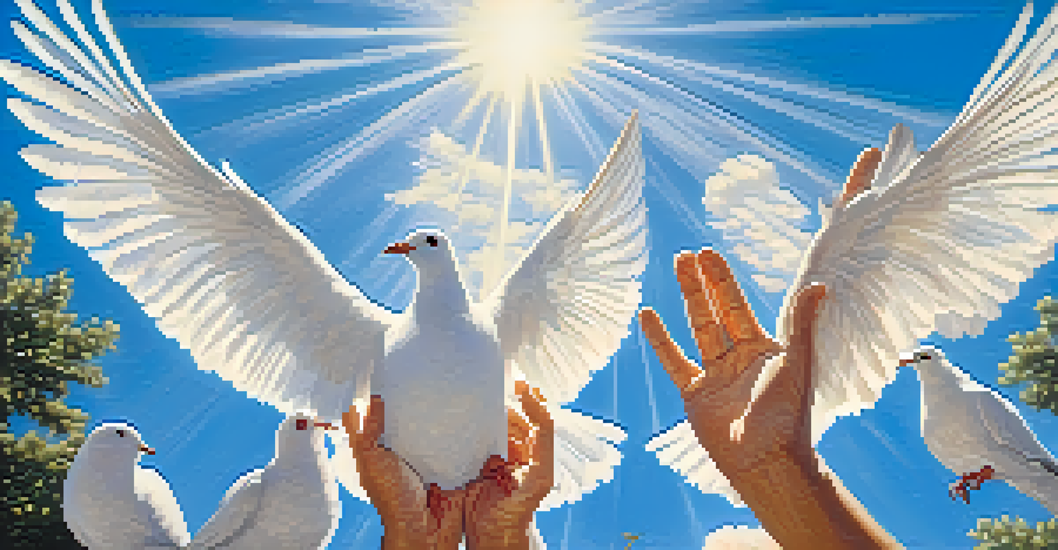 Two hands releasing white doves into a clear blue sky, symbolizing peace and forgiveness.