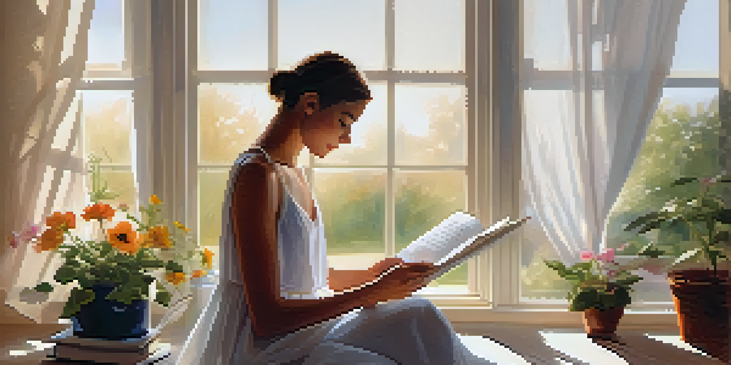 A person sitting by a sunlit window, writing in a gratitude journal with a cup of tea and plants around.