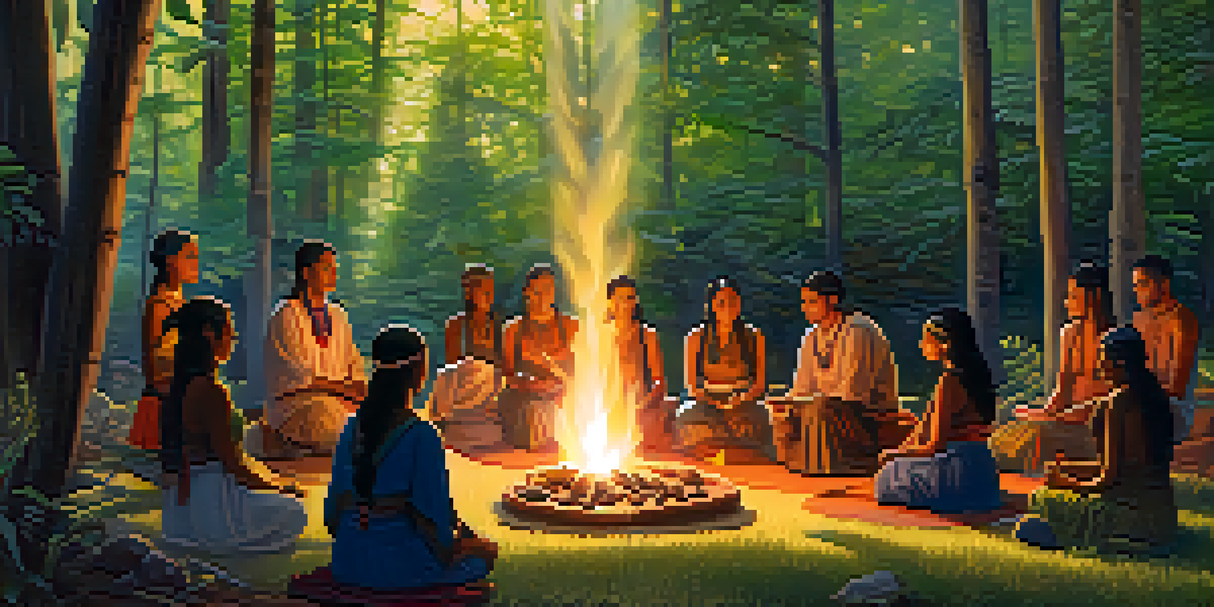 A group of people participating in an Indigenous healing ceremony in a forest, surrounded by greenery and a warm fire.