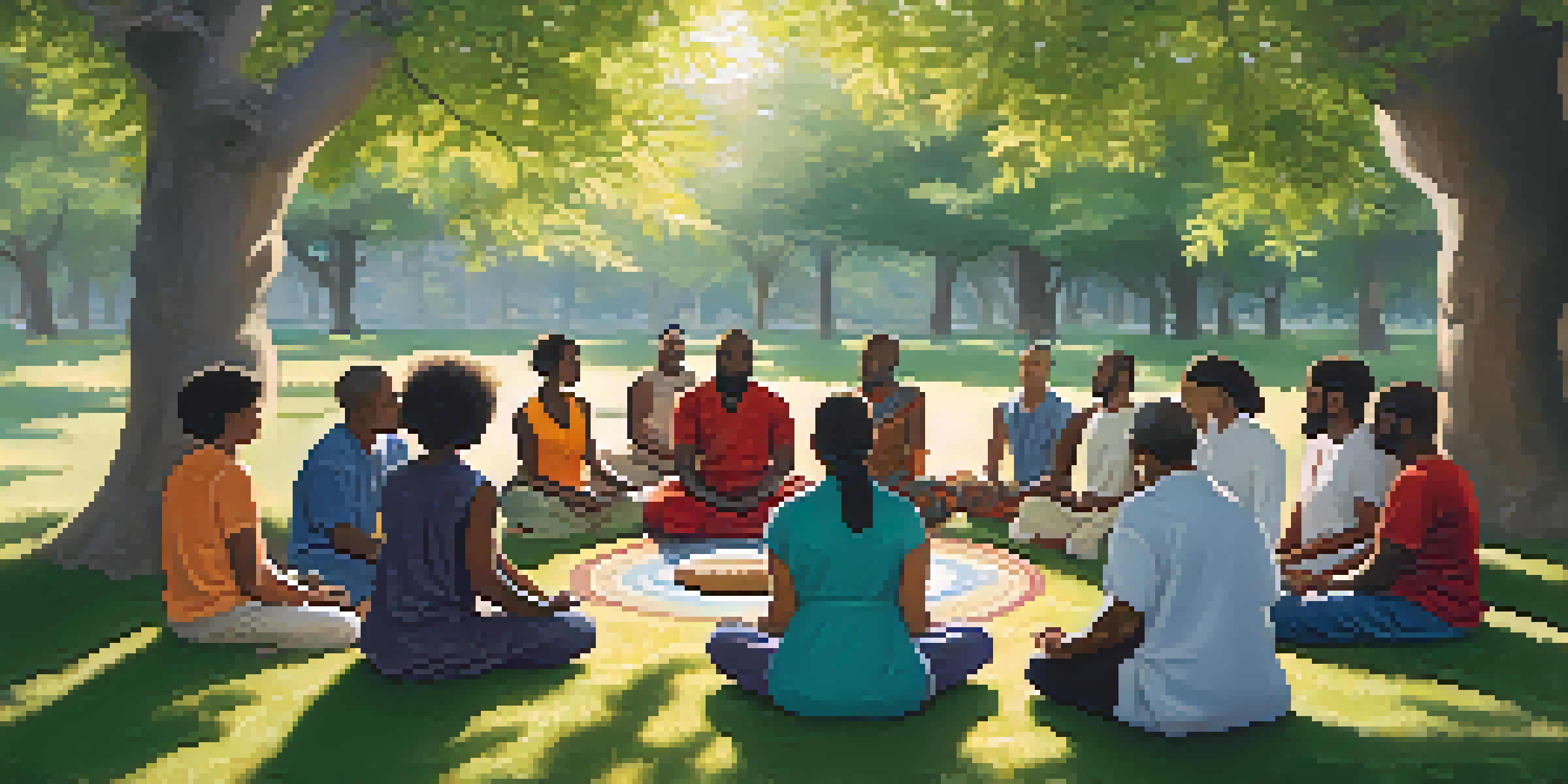 A diverse group of individuals meditating together under a large tree, showcasing unity and tranquility.