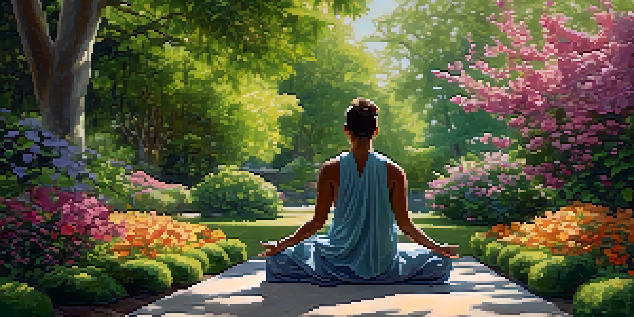A person meditating in a beautiful garden filled with colorful flowers and sunlight filtering through trees.