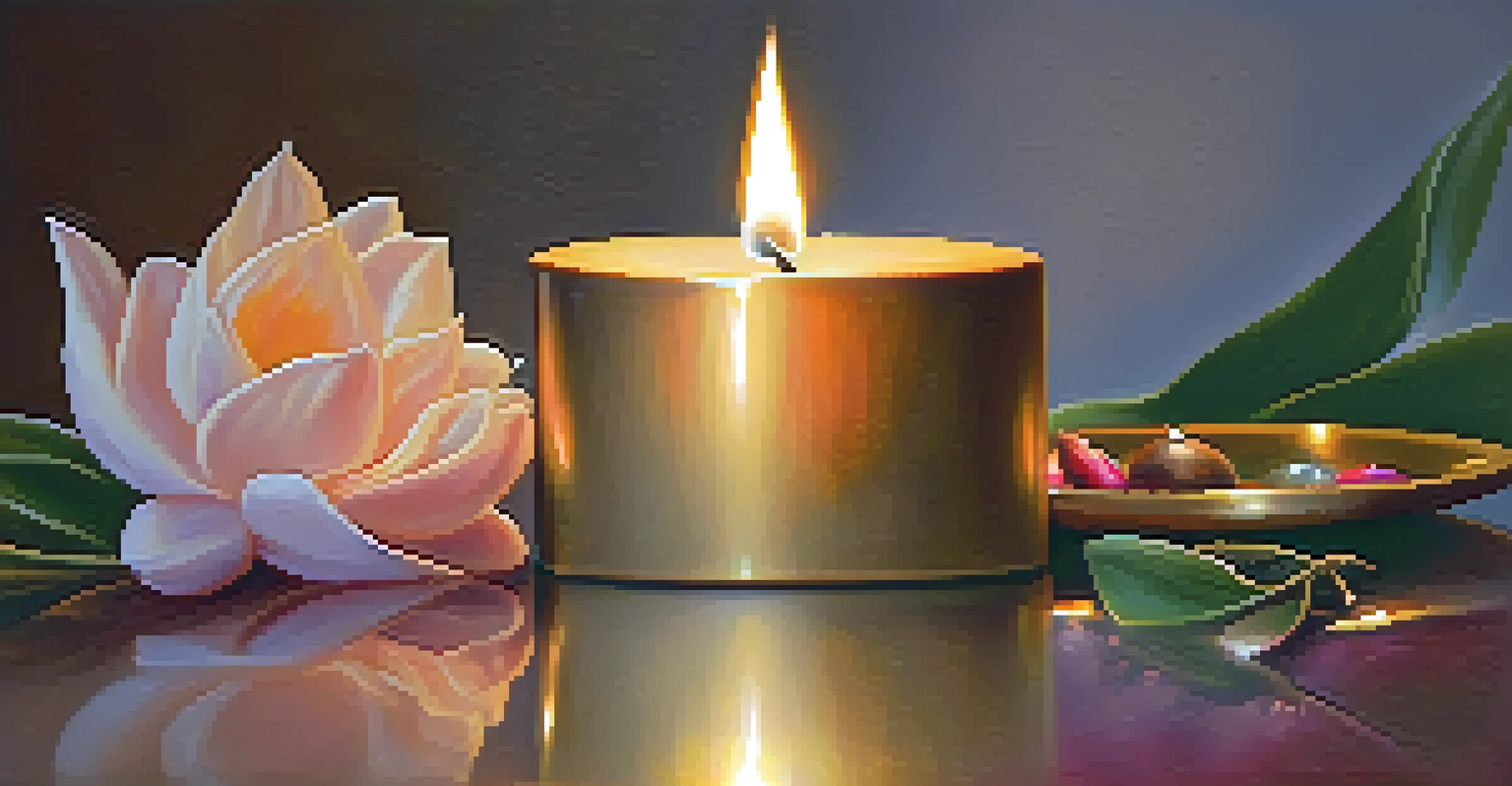 A close-up of a candle flame being lit during a spiritual ceremony, surrounded by flowers.