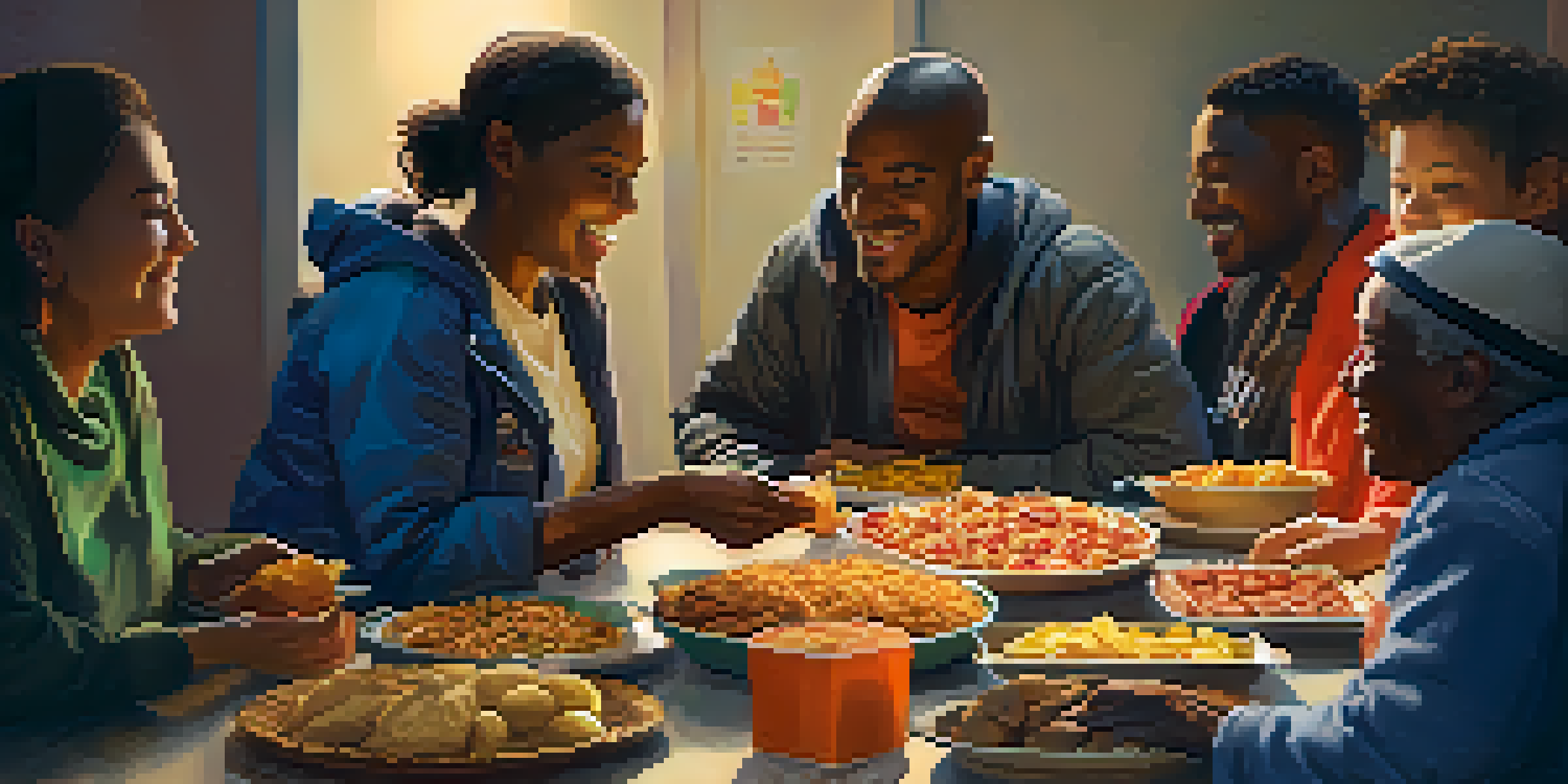 A volunteer giving food to individuals at a shelter, capturing the expressions of gratitude and the colorful spread of food items on a table.