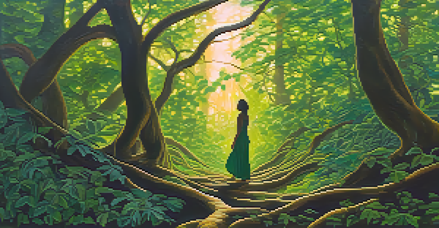 An abstract image of a woman in a vibrant forest, surrounded by intertwining roots and branches, symbolizing her connection to nature and the earth.