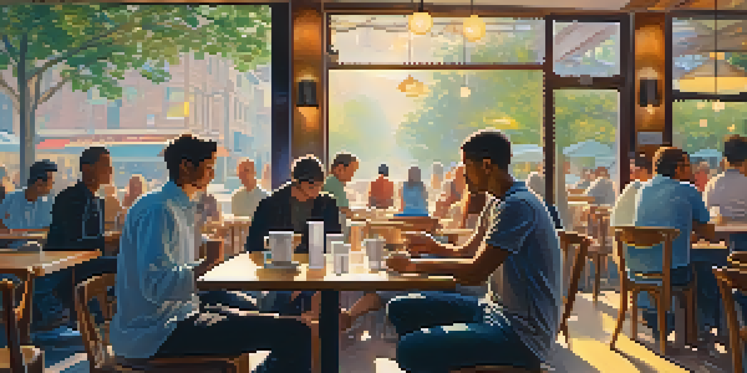 A person sitting peacefully in a busy café, meditating amidst the noise, with warm light illuminating their face and soft pastel colors around them.
