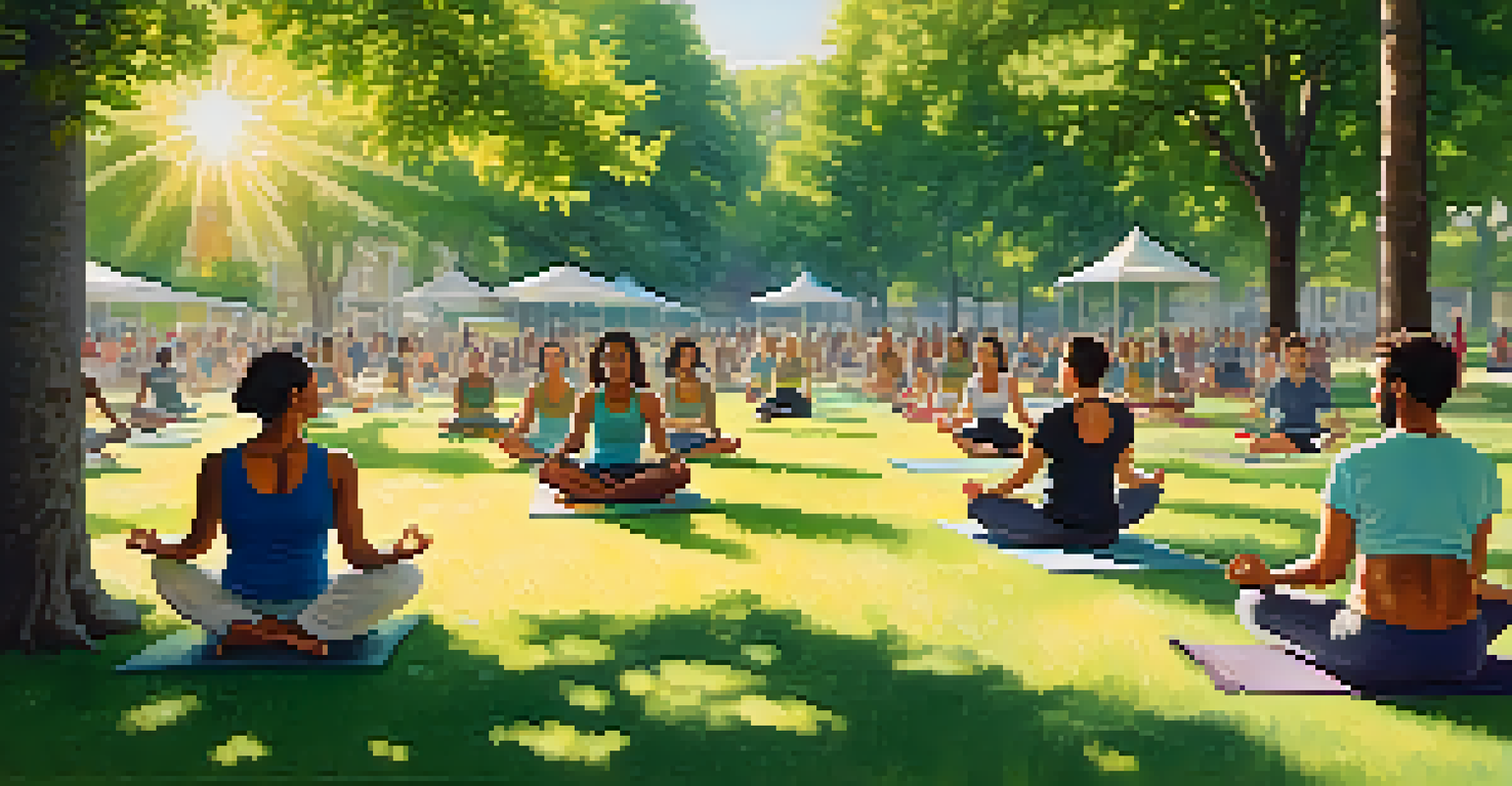 A group of people practicing yoga in a green park with trees and sunlight filtering through leaves.