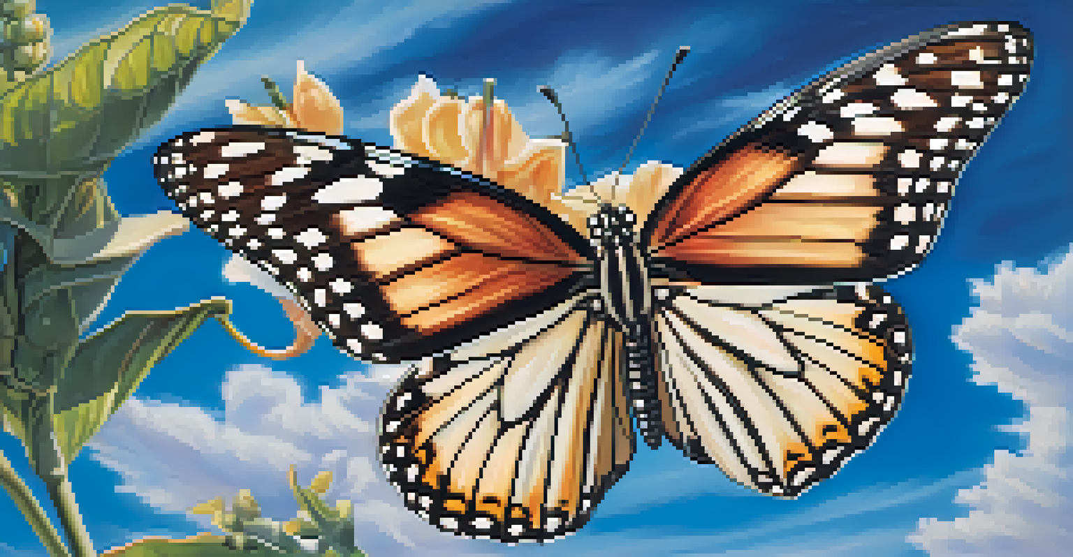 A butterfly emerging from a chrysalis under a bright blue sky, symbolizing transformation and embracing change.