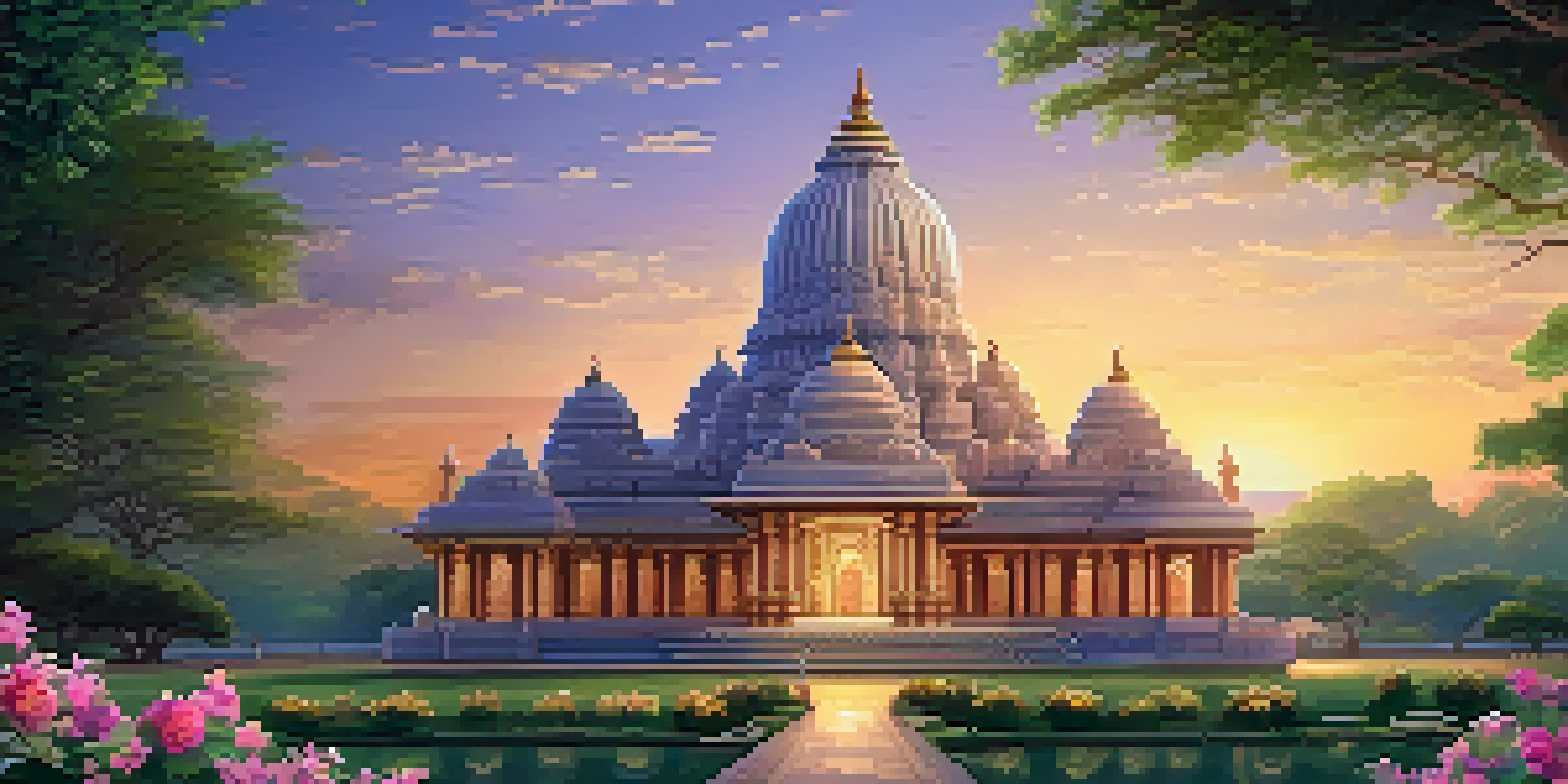 A tranquil Jain temple at dusk with golden lights, surrounded by greenery and flowers, under a starry sky.