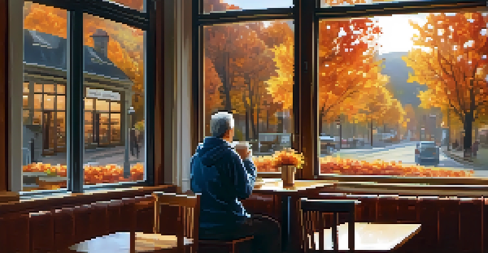 A person enjoying coffee in a cozy café with an autumn view outside, embodying a peaceful mindfulness moment.