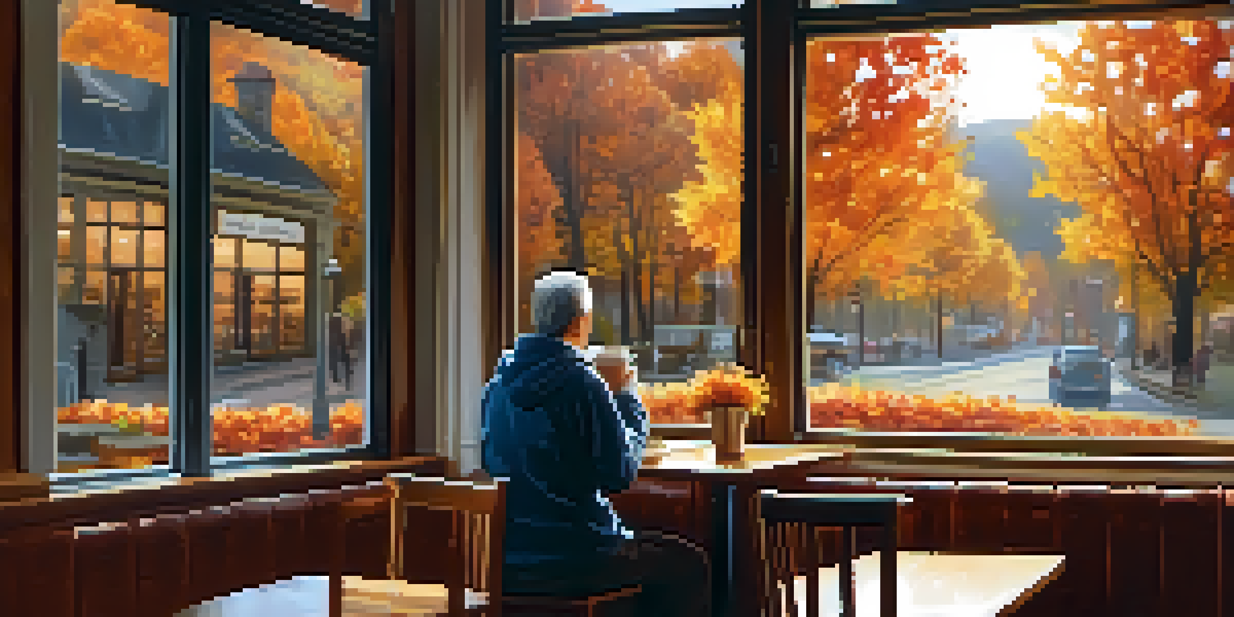 A person enjoying coffee in a cozy café with an autumn view outside, embodying a peaceful mindfulness moment.