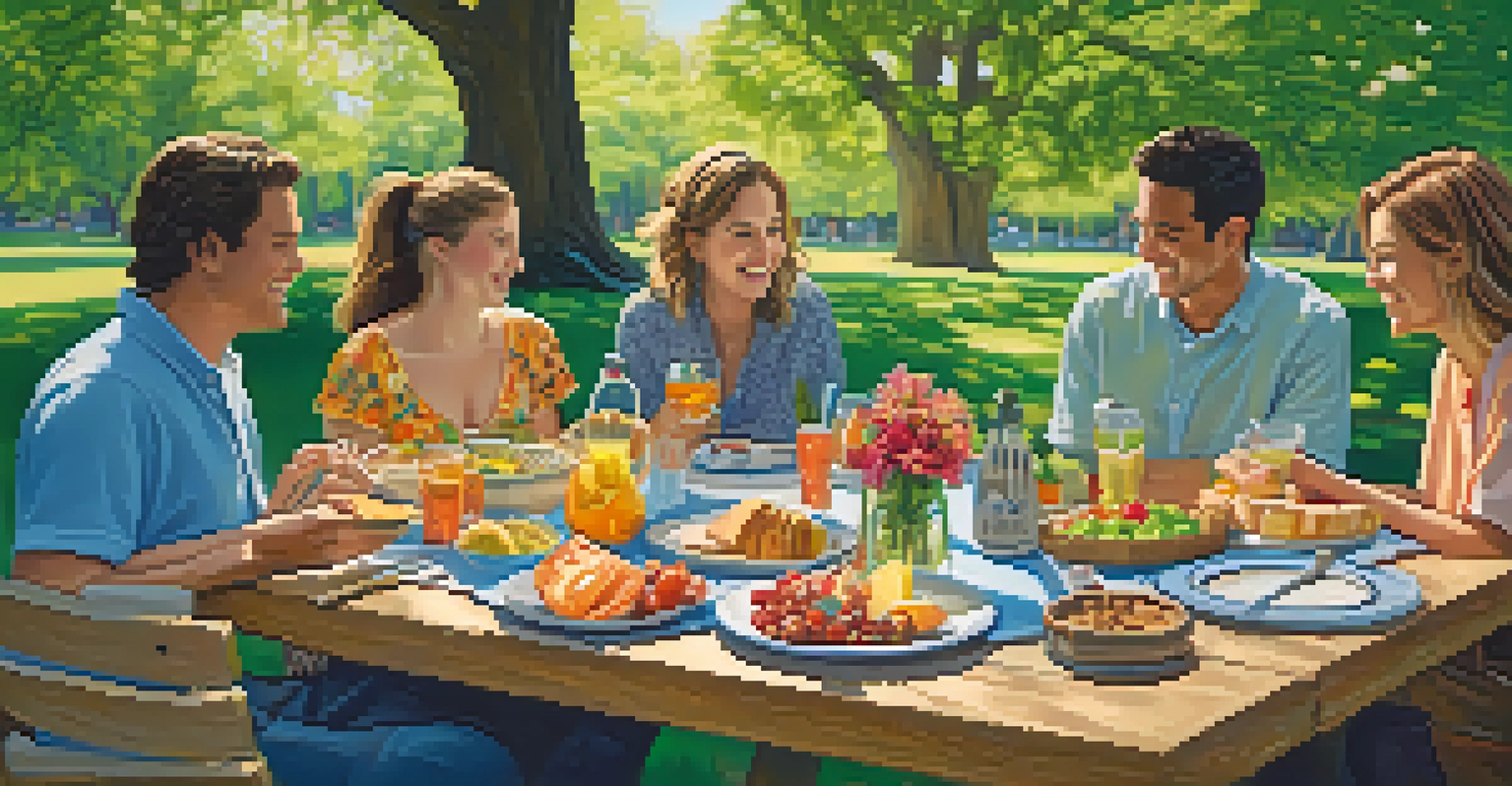 Friends gathered in a park, sharing moments of gratitude with food and laughter, surrounded by nature.