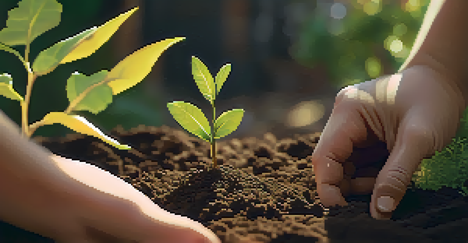Hands planting a sapling in soil, symbolizing hope and new beginnings.