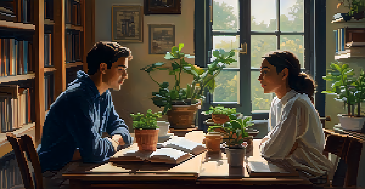 Two friends having a heartfelt conversation in a cozy room filled with books and plants.
