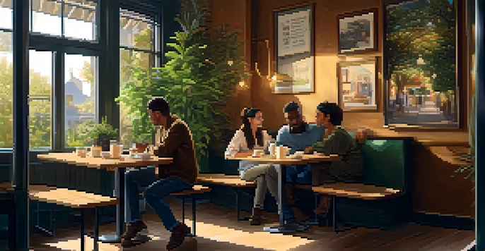 A person listening attentively to a friend in a cozy coffee shop, surrounded by warm lighting and greenery.