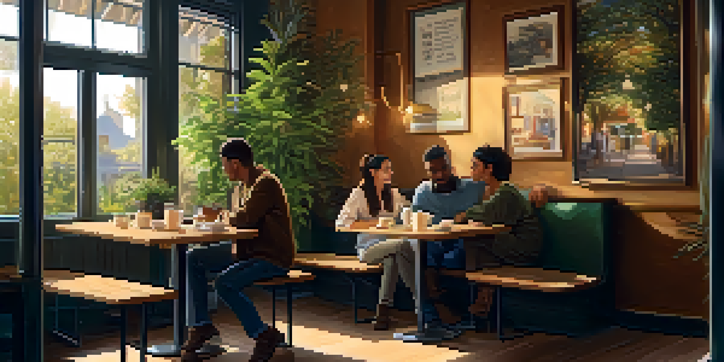 A person listening attentively to a friend in a cozy coffee shop, surrounded by warm lighting and greenery.