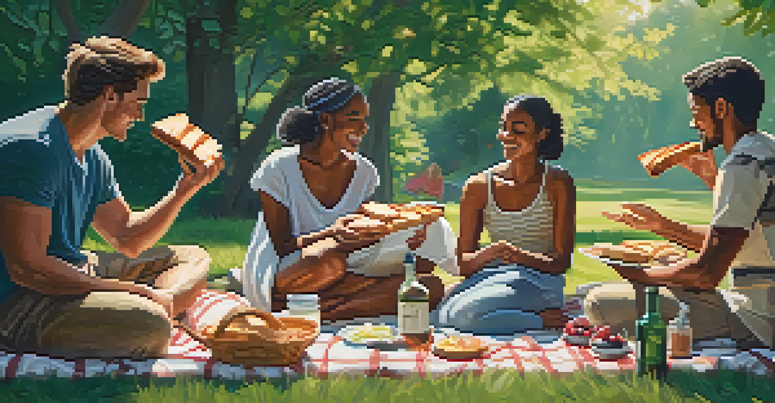 A group of people enjoying a picnic, sharing bread and spreads in a green outdoor setting.