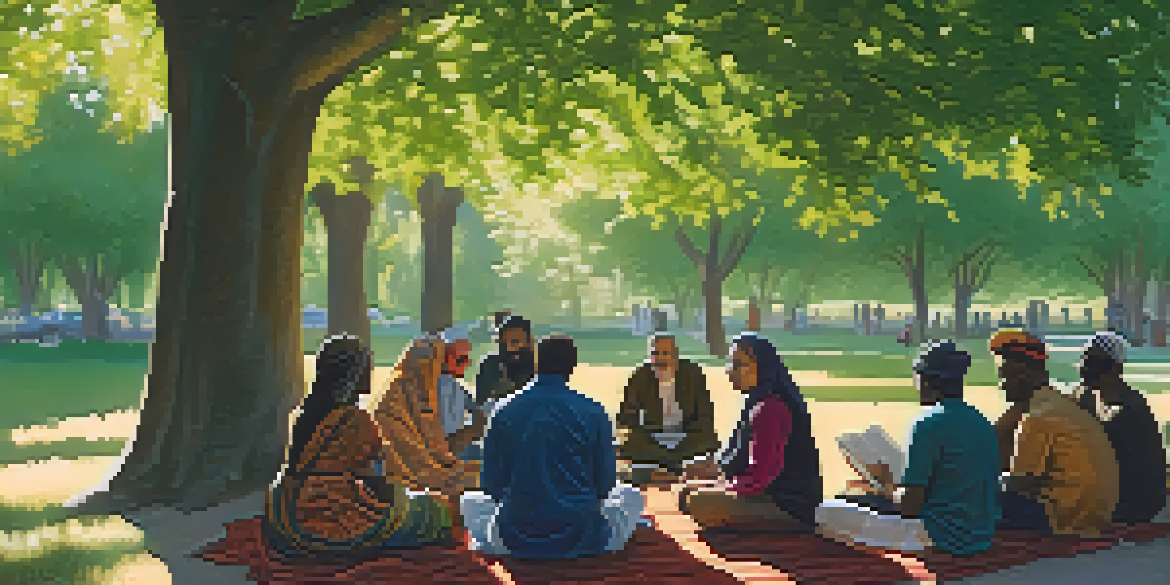 A diverse group of people sitting in a circle on picnic blankets in a park, engaged in an interfaith dialogue under dappled sunlight.