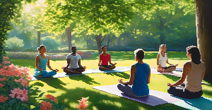 A diverse group of people meditating in a sunny park, surrounded by greenery and flowers, showcasing peaceful expressions.